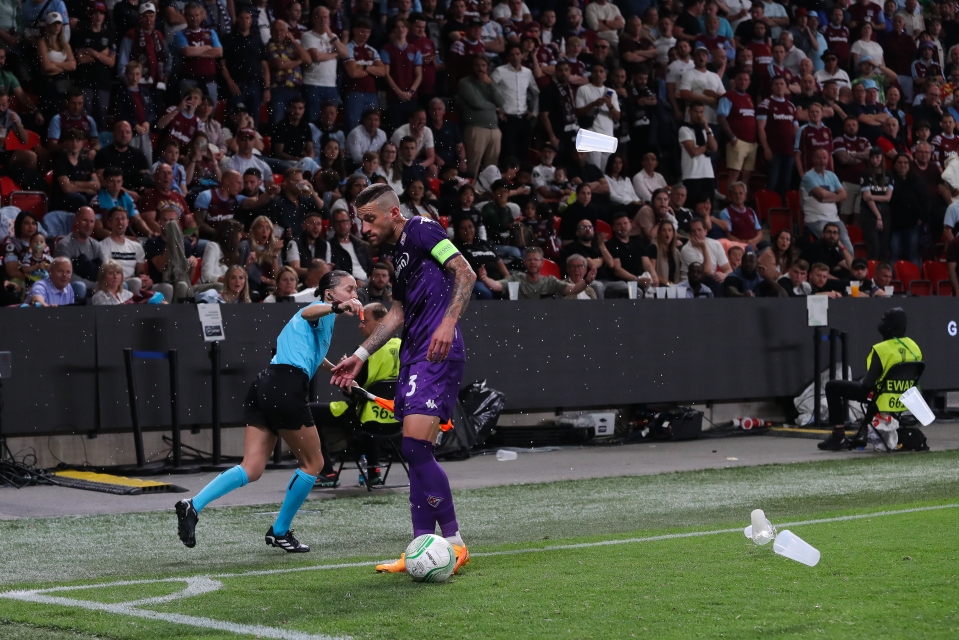 West Ham fans BANNED from Europa League after leaving Fiorentina player bloodied with missile in final