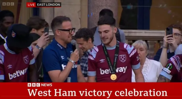 BBC forced to apologise as Declan Rice swears twice in X-rated interview during West Ham Europa Conference trophy parade