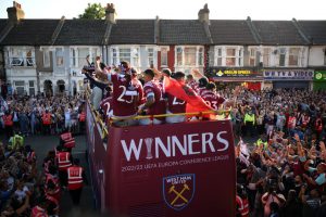 Thousands of West Ham fans line streets to cheer Europa Conference heroes at bus parade and say farewell to Declan Rice