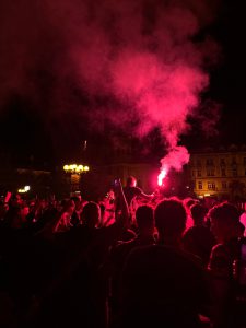 West Ham fans clash with cops in riot gear and set off flare as celebrations get out of control after team’s Europa win