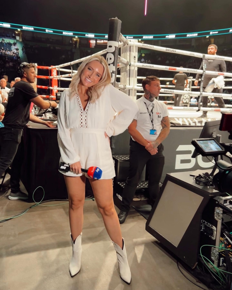 Fans swoon over ‘absolutely beautiful’ Sky Sports News host as she shows off cowboy boots in white playsuit at boxing