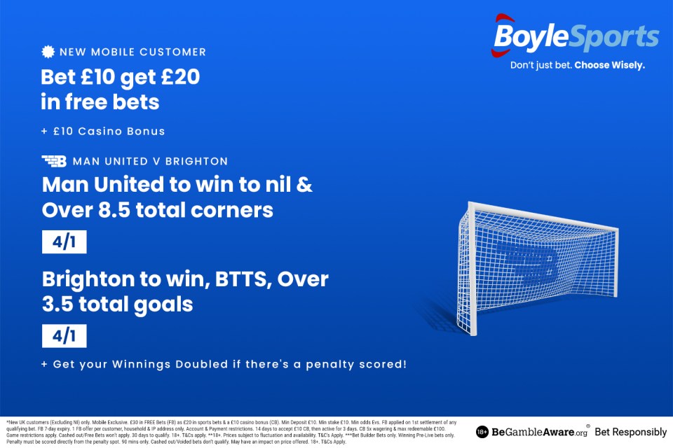 Man Utd vs Brighton: Get £20 free bets and £10 casino bonus with BoyleSports + winnings DOUBLED if a penalty is scored