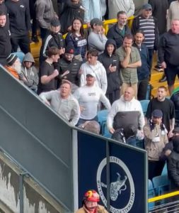 Leeds fans poke fun at Millwall supporter ‘on a trampoline’ as bizarre antics in stands go viral