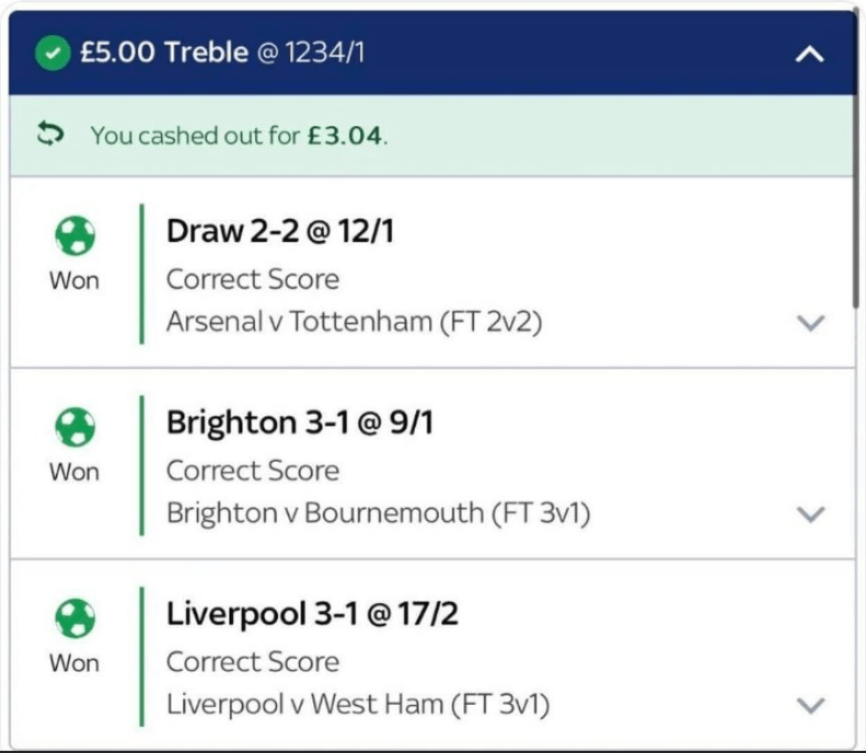 Worst cash out ever? Bettor could have won £6,170 from £5 bet… but cashed out for £3