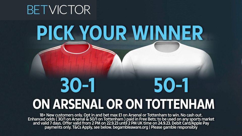 Arsenal vs Tottenham: Get Gunners at 30/1 or Spurs at 50/1 to win the north London derby with BetVictor