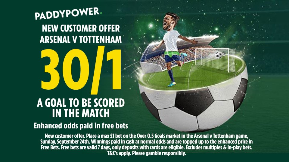 Arsenal vs Tottenham: Get 30/1 for 1+ goal to be scored with Paddy Power