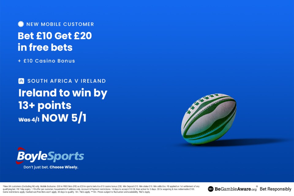 South Africa vs Ireland: Get £20 in free bets and £10 casino bonus with BoyleSports, plus Rugby World Cup special