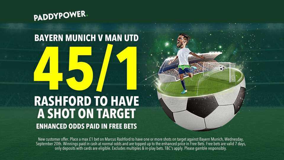 Bayern vs Man Utd offer: Get 45/1 for Marcus Rashford 1+ shot on target in Champions League showdown with Paddy Power