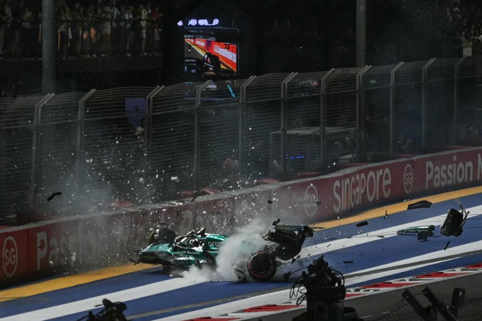 F1 star Lance Stroll loses wheel in horror 150mph crash at Singapore Grand Prix as fans gasp ‘beyond scary to watch’