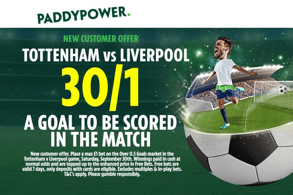 Tottenham vs Liverpool: Get 30/1 for 1+ goal to be scored in huge Premier League clash with Paddy Power