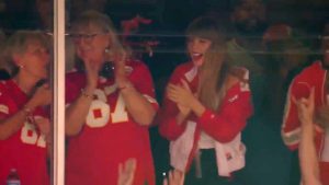 Taylor Swift watches NFL star Travis Kelce play for Kansas City Chiefs while wearing replica shirt amid dating rumors