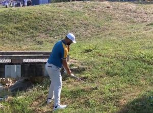 Watch ‘shot of the Ryder Cup’ as Team Europe ace Jon Rahm finds green despite standing in STREAM behind a bridge