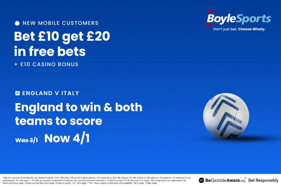 England vs Italy: Get £20 in free bets and £10 casino bonus with BoyleSports, plus 4/1 price boost