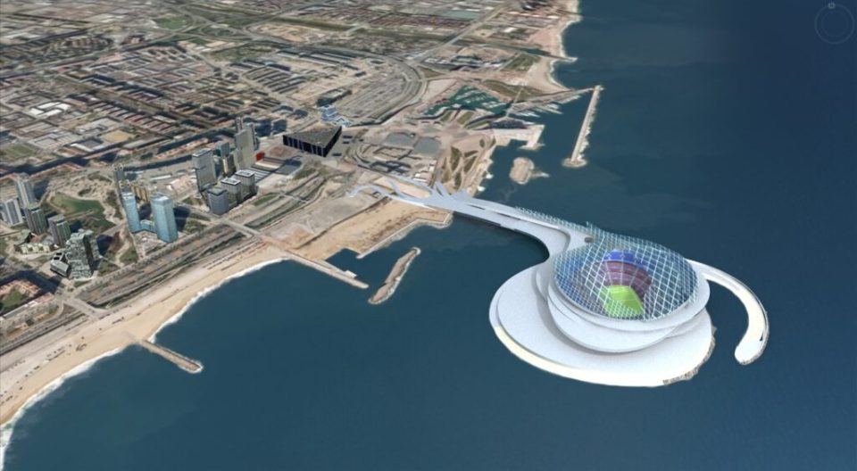 Iconic stadium looks unrecognisable in failed mega-money plot to rebuild in OCEAN to accommodate over 150,000 fans