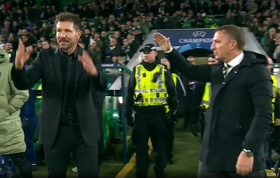 Watch Simeone and Rodgers’ awkward handshake after Celtic draw as fans slam ‘classless, disrespectful’ Atletico boss