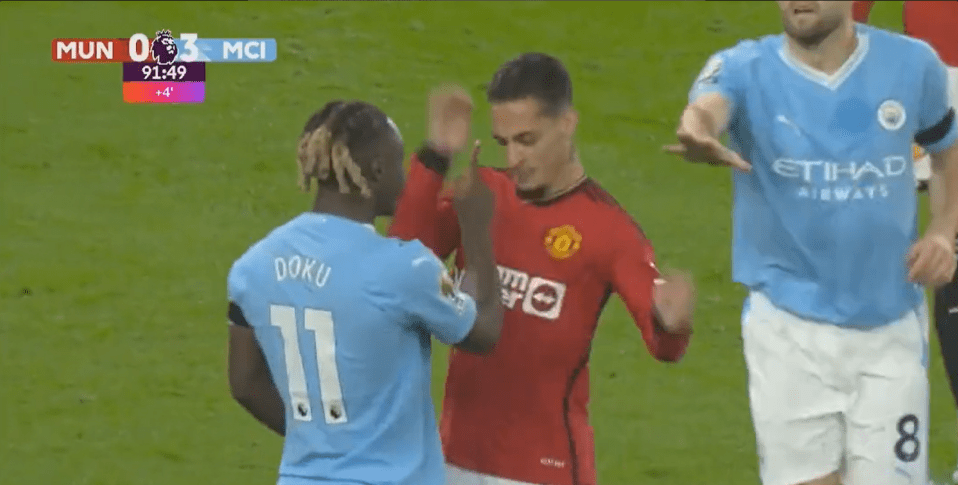 Antony escapes red card after lashing out at Jeremy Doku just minutes afer being subbed on for Man Utd