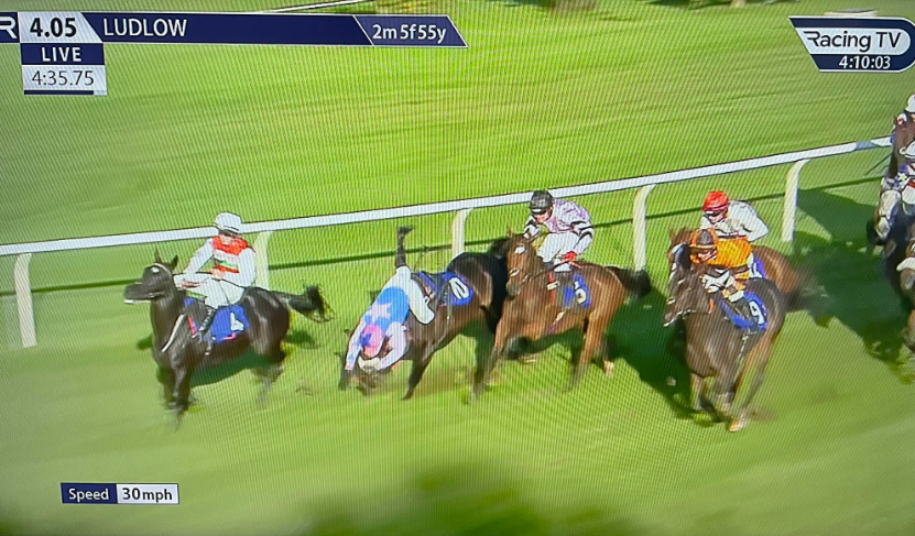 ‘Absolute mayhem’ breaks out as two jockeys ride the same horse in chaotic Ludlow pile-up