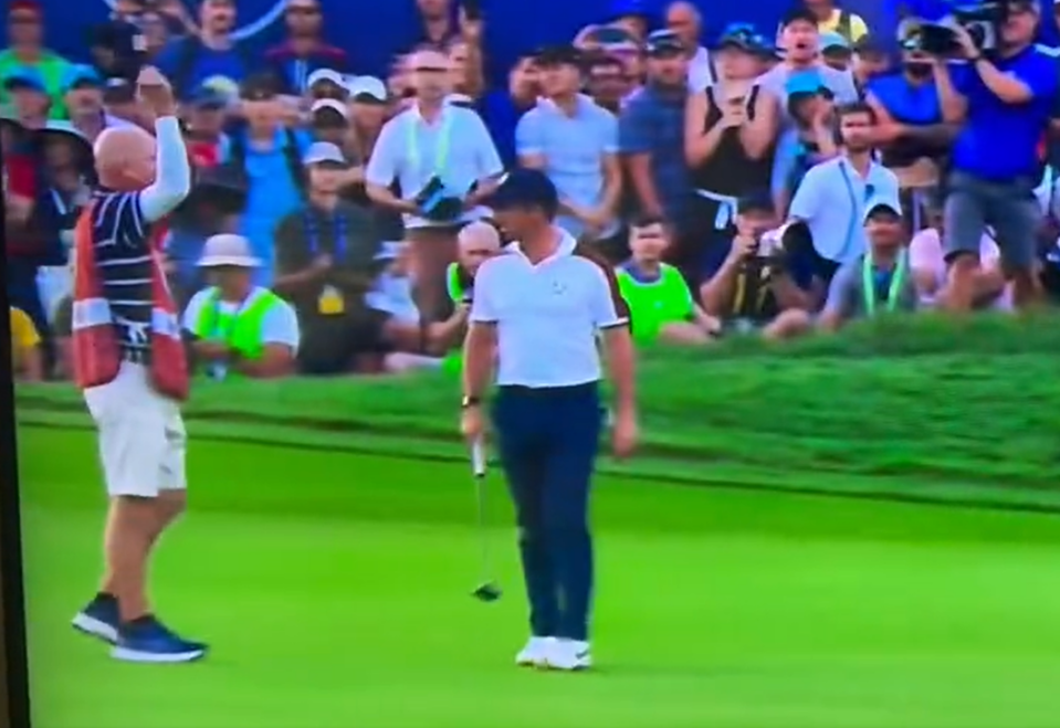 Watch moment on 18th hole that sparked Rory McIlroy’s car park rage as fans says Team USA caddie ‘miles out of line’