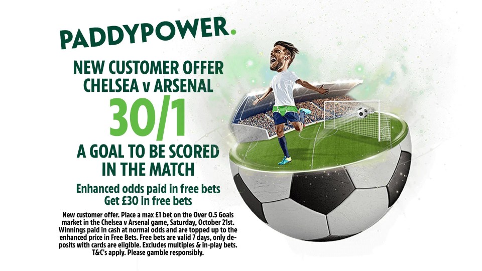 Chelsea vs Arsenal odds: Get 30/1 for a goal to be scored during Saturday’s Premier League contest with Paddy Power