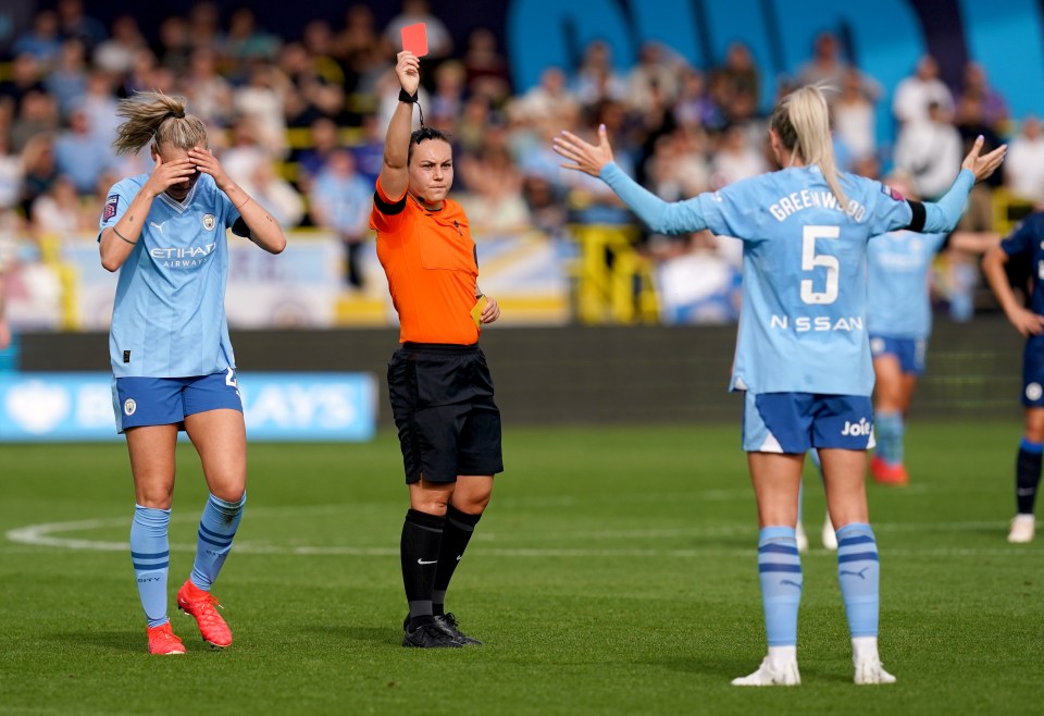 Watch England Lionesses hero get sent off for timewasting in FIRST HALF as fans blast ‘absolutely ridiculous decision