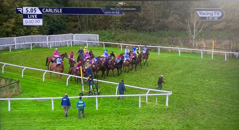 ‘Appalling’ moment member of ground staff is run over by horses at start of shambolic Carlisle race