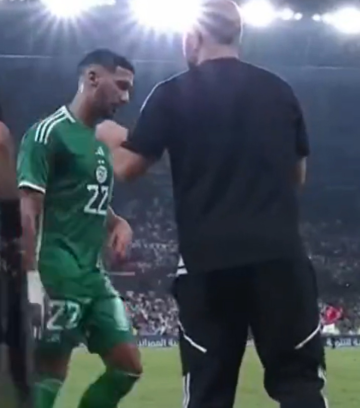 Shocking moment Algeria coach GRABS West Ham star Benrahma by the shirt and squares up to him as he’s substituted