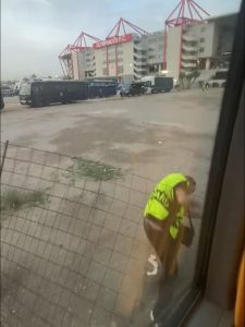 Shocking moment Olympiacos security guard is sent flying by West Ham fan bus as it arrives at stadium