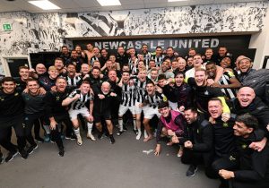 Inside Newcastle’s jubilant dressing room after thrashing PSG as stars beg for DJ and Almiron can’t wipe smile from face