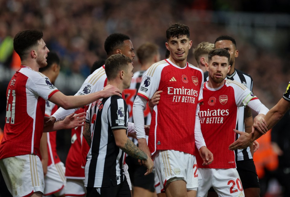 Kai Havertz sparks huge brawl with reckless challenge as THREE Newcastle players booked in Arsenal clash