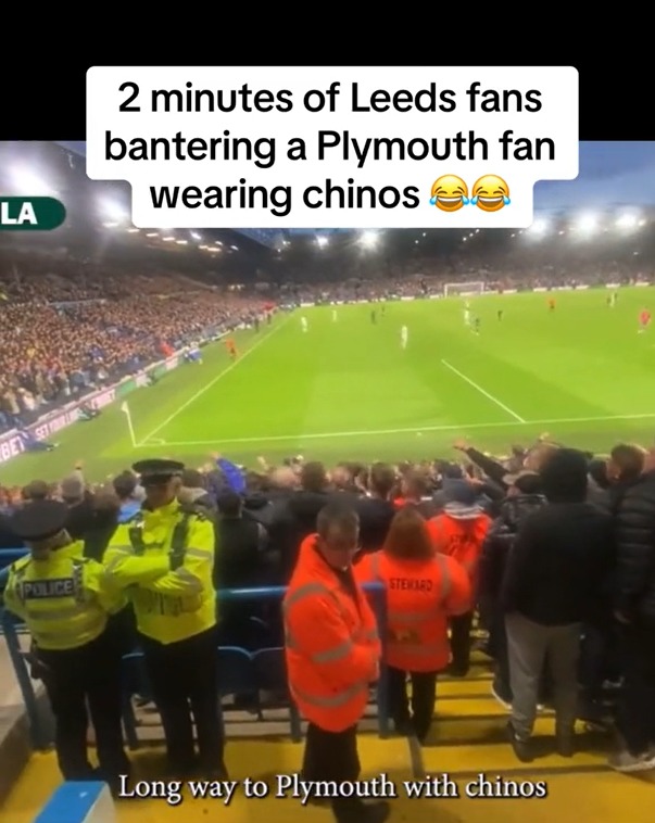 Watch hundreds of Leeds fans hilariously troll lone Plymouth supporter over his chinos with brilliant chants