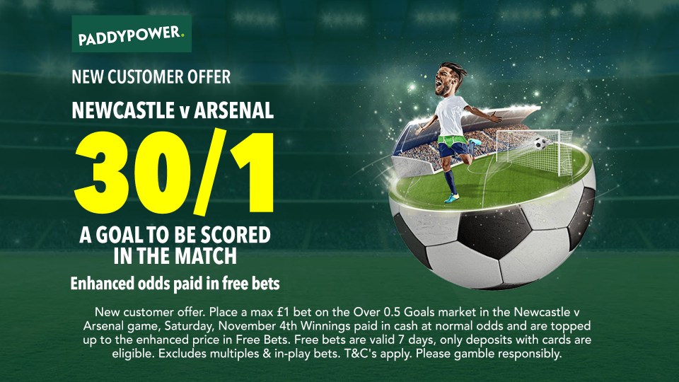 Newcastle vs Arsenal: Get 30/1 for a goal to be scored in Saturday night’s huge EPL clash with Paddy Power