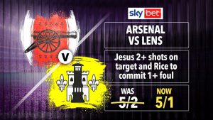 Arsenal vs Lens: Get Jesus 2+ shots on target and Rice to commit 1+ foul at 5/1 with Sky Bet, plus get £40 in free bets