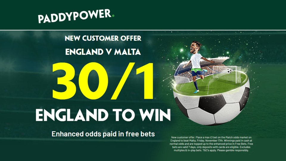 Get England to beat Malta at monster price of 30/1 with Paddy Power