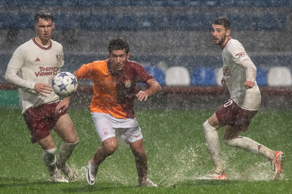 Fans demand Galatasaray vs Man Utd is called off as ‘ridiculous’ clip of U19s trying to play on soaked pitch goes viral