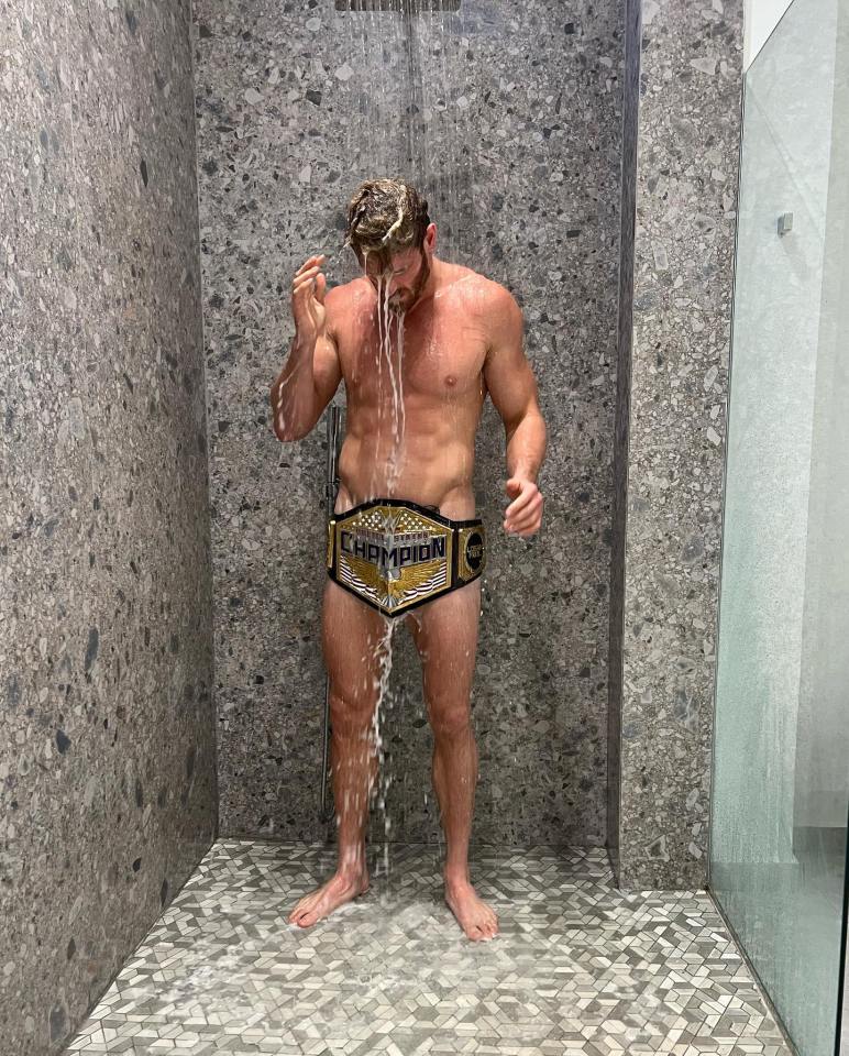 Logan Paul gets naked with just WWE belt to cover him in shower as fans joke ‘bro made sure no one wears it after him’