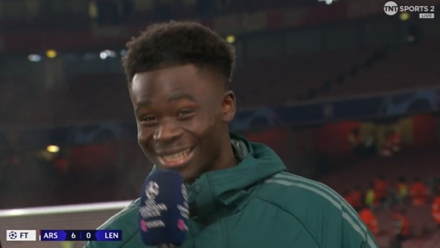 Saka looks embarrassed live on TNT Sports and insists ‘I didn’t say that’ as Arsenal star reminded about past interview