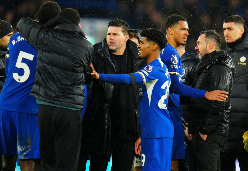 Pochettino involved in melee with former England star as emotions boil over after Chelsea secure huge Brighton win