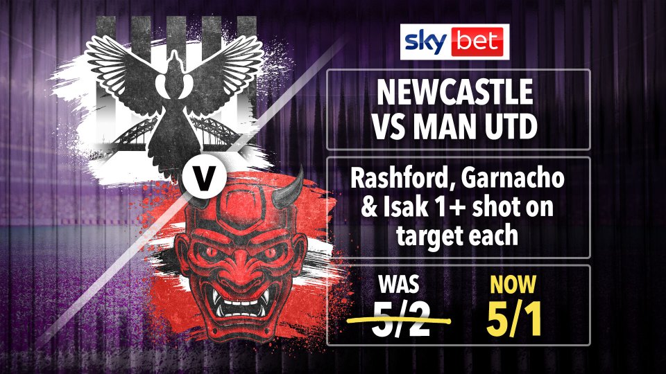 Newcastle vs Man Utd: Get Rashford, Garnacho and Isak 1+ SoT each at 5/1 with Sky Bet, plus get £40 in free bets