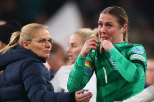 ‘Gutted’ England star Mary Earps in tears and is consoled by team-mates after letting in soft goal in Netherlands win