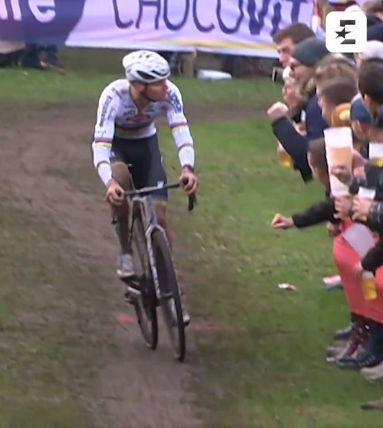 Shock moment world champion cyclist Mathieu van der Poel SPITS at fans after having ‘URINE’ thrown over him