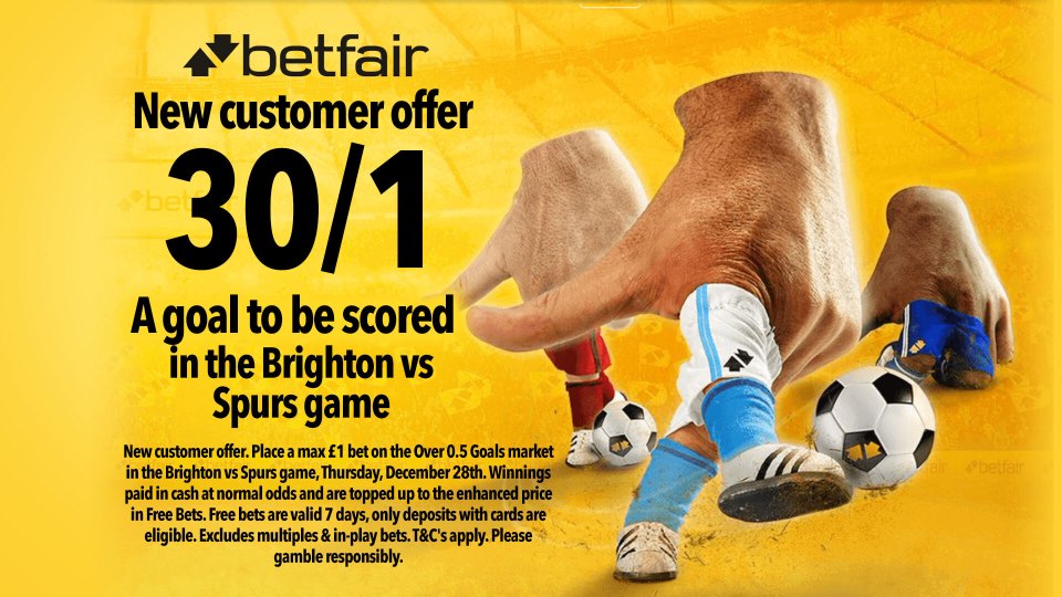 Brighton vs Tottenham odds: Get 30/1 for 1+ goal to be scored in tonight’s Premier League clash with Betfair