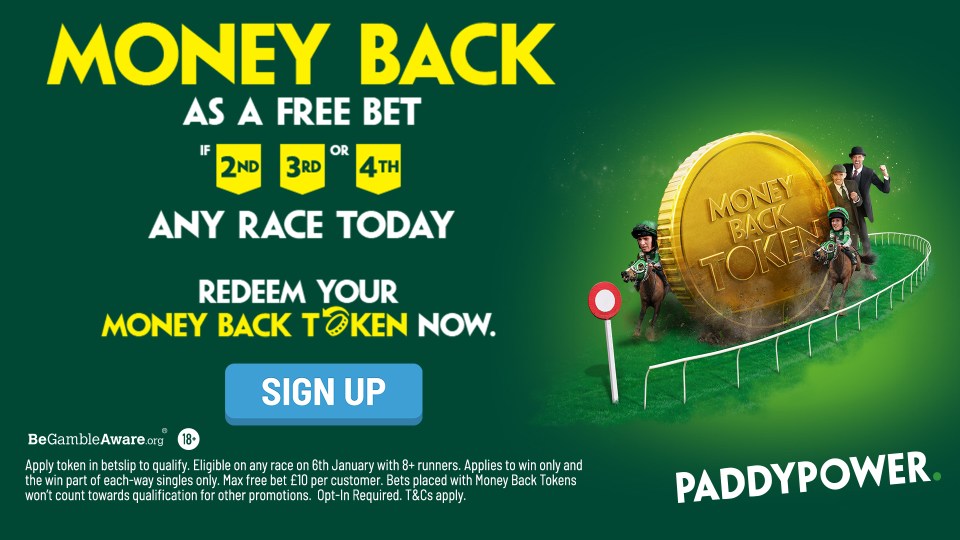 Get your Money Back Token as a FREE BET on any race if your horse finishes 2nd, 3rd or 4th with Paddy Power