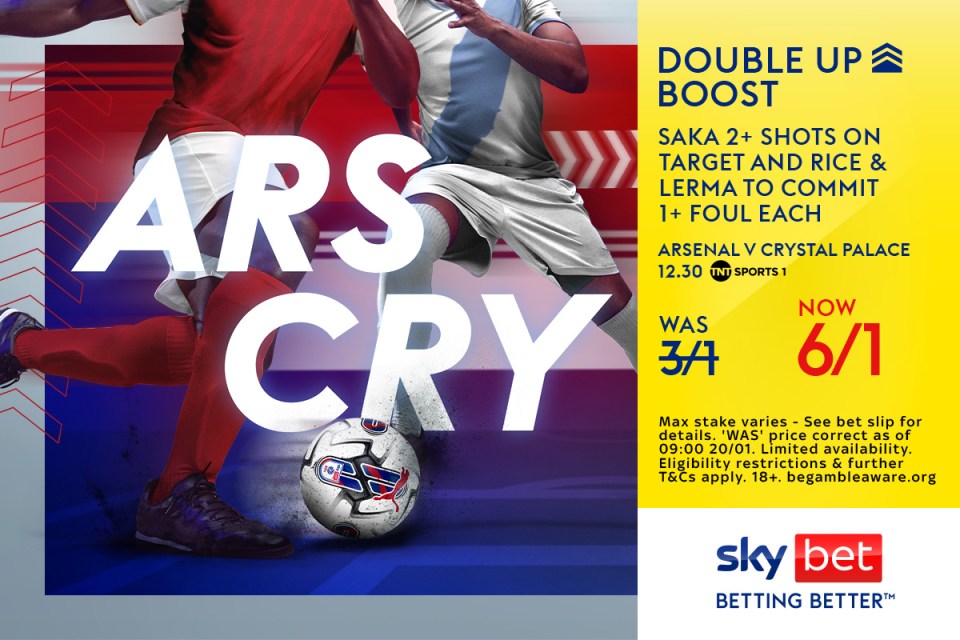 Arsenal vs Crystal Palace: Get Saka 2+ shots on target and Rice & Lerma to commit 1+ foul each at 6/1 with Sky Bet