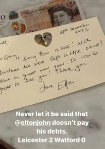 Gary Lineker shares cheeky apology note from Elton John as Watford fan and pop legend finally pays up over £10 bet