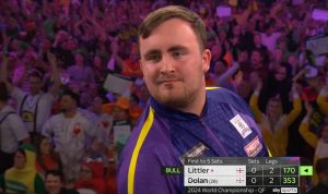 Luke Littler leaves fans in stitches with ‘box office’ antics in World Darts Championship clash with Brendan Dolan