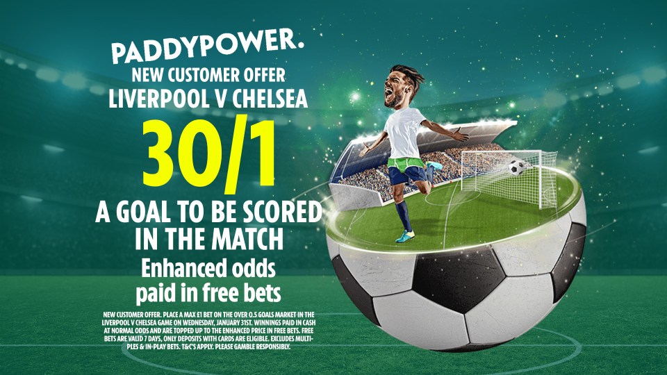 Liverpool vs Chelsea odds: Get 30/1 for 1+ goal to be scored in tonight’s big Premier League clash with Paddy Power