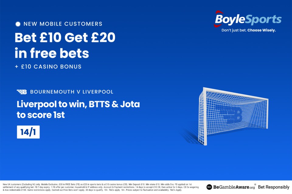 Bournemouth vs Liverpool: Get £20 free bets and £10 casino bonus with BoyleSports, plus a bumper Jota price boost