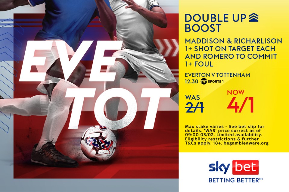 Everton vs Tottenham: Maddison & Richarlison 1+ shot on target each & Romero 1+ foul at 4/1 with Sky Bet, plus £40 bonus