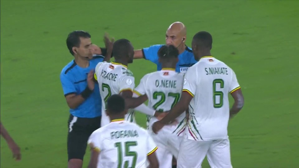 Shocking moment ref is forced to push away furious Mali players who swarm round him after dramatic Afcon loss