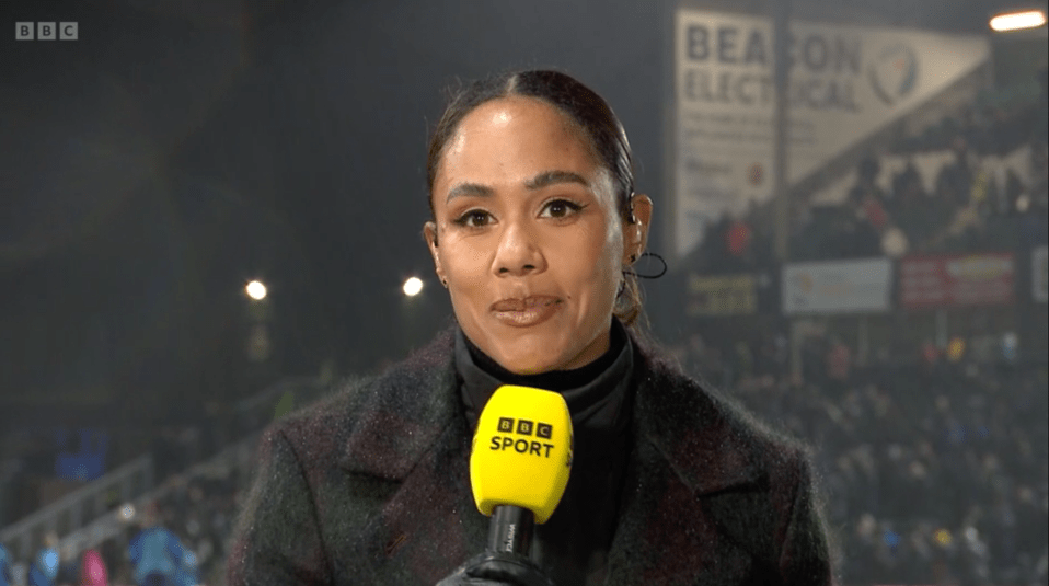 Alex Scott left absolutely drenched live on BBC after Plymouth vs Leeds hit by downpour as fans say ‘get her a brolly!’